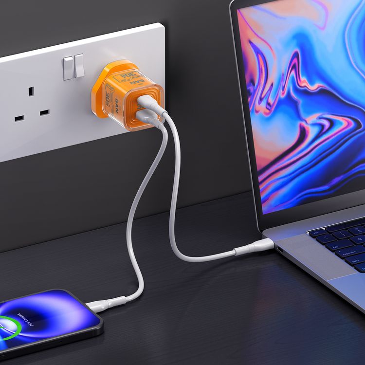 Porodo TEZCLARTÉ Quick Wall Charger with Dual Port Fast Charging, Flame Retardant Housing, Transparent Design, PD 30W USB-C Output, QC 20W USB-A Output - Orange