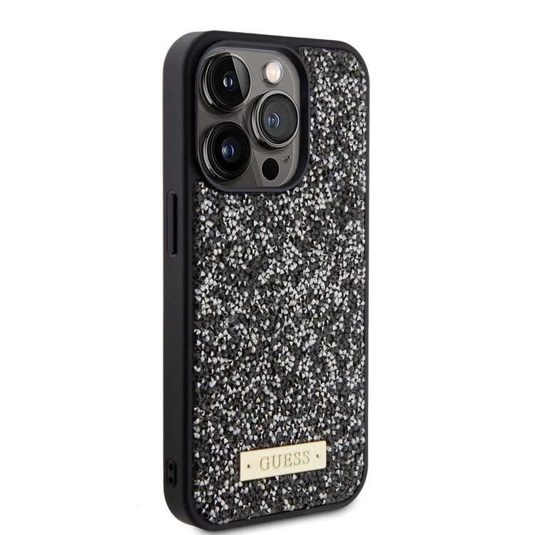 Guess Rhinestone Case with Metal Logo for iPhone 15 Promax - Black - أسود - iPhone 15 Pro Max