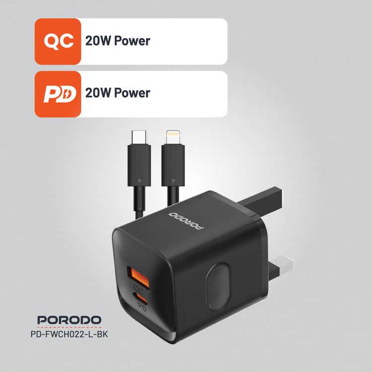 Porodo PD+QC 20W Wall Charger with Type-C to Lightning Cable, Dual Port, 1.2m Cable Length, UK Plug, Simultaneous Charging, Over-Heat Protection - Black 