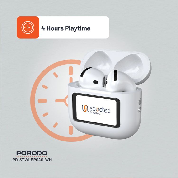 Porodo Soundtec Glimpse ANC Earbuds with Touch Display & Touch Control, 4 Hours of Play Time, Personalized App Control, High-Fidelity Audio, 300mAh Battery Capacity, 10m Transmission Range - White