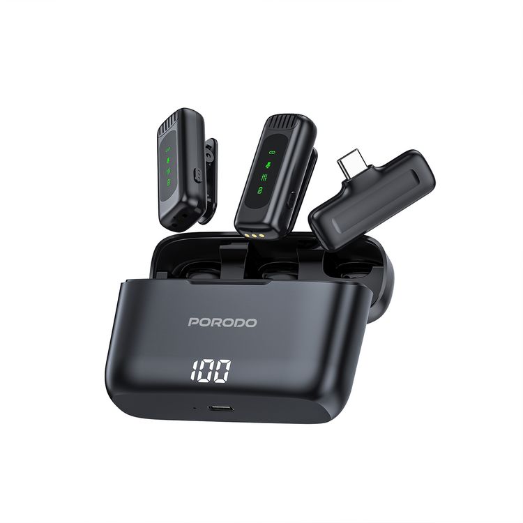  Porodo Wireless Collar Double Microphone with Charging Case, Up to 24 Hours Working Time, 20ms Latency, 2.4GHz Digital Microphone Frequency, 600mAh Case Battery Capacity, Type-C Connector with Lightning Adapter, Digital Display, Low Latency, Crystal Clear Audio, Plug & Play - Black
