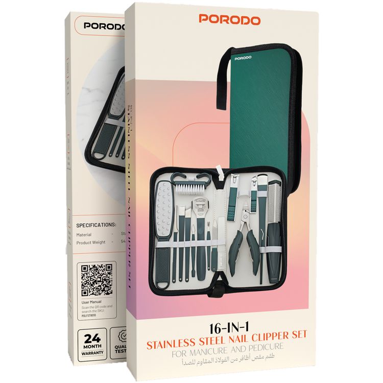 Porodo 16-in-1  Portable Nail Clipper Set for Manicure and Pedicure with High-Precision Tools, Portable and Lightweight, Multi-Use Functionality, Ergonomic Design - Green