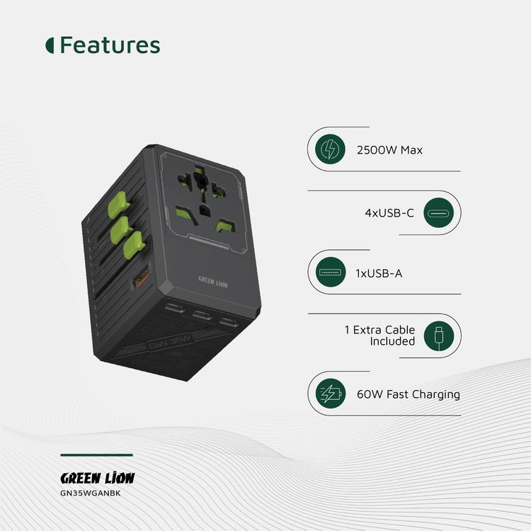 Green Lion GaN Adapter 6-in-1 & 2-in-2 Cable, PC Flame Retardant & Copper Material, PD 35W Fast Charging, Universal AC Sockets - Black