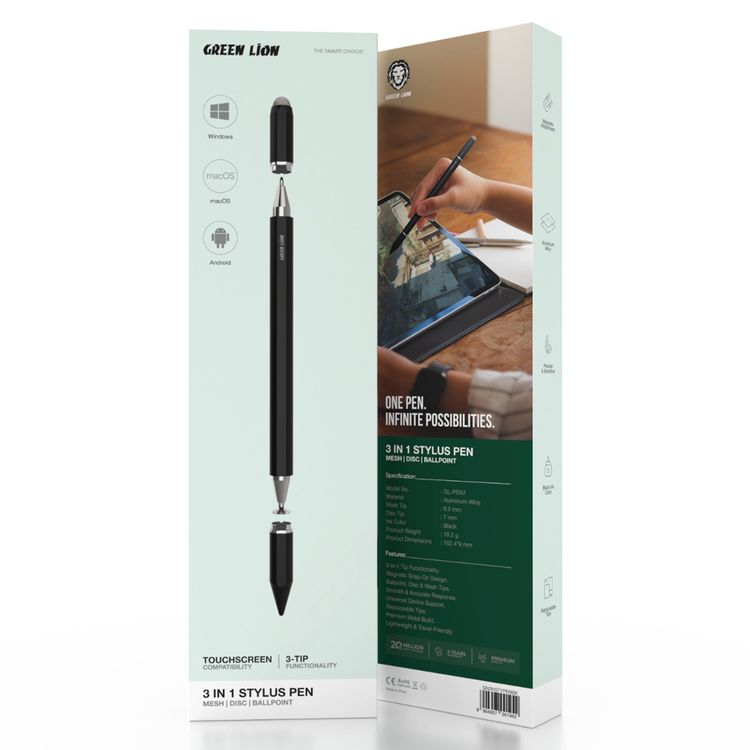 Green Lion 3-in-1 Stylus Pen with Touchscreen Compatibility, Black Ink, Ballpoint, Disc & Mesh Tips, Aluminum Alloy Material, Lightweight & Travel-Friendly, Compatible with Windows, macOS & Android - Black