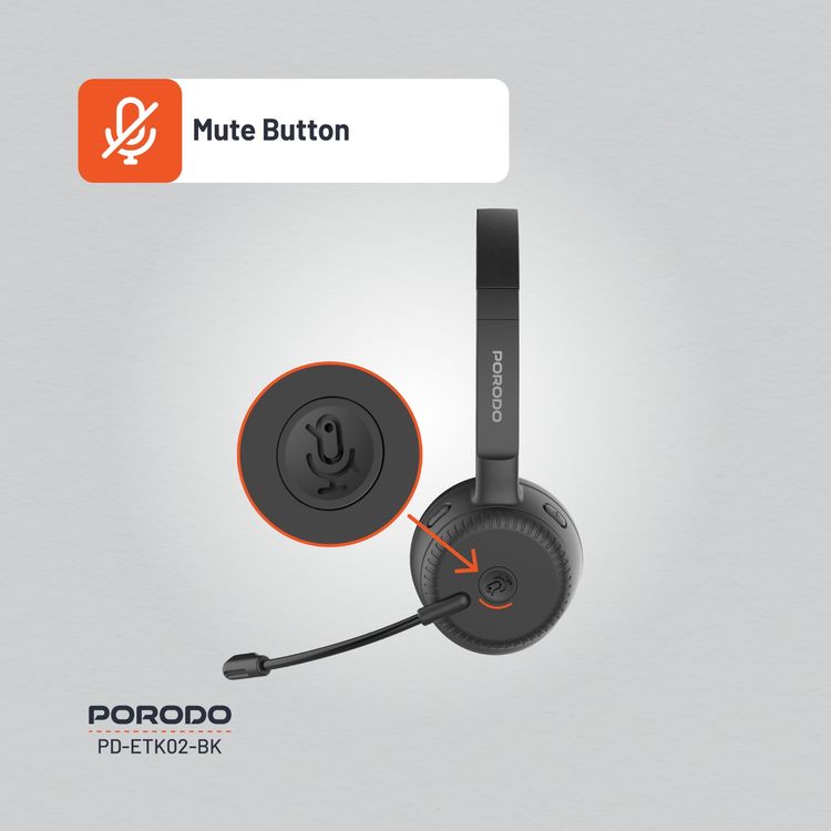 Porodo Office Wireless Headset with 20 Hours Working Time, Mute Button, Crystal Clear Microphone, USB-C Charging Port, 1 Hour Charging Time, Bluetooth Version 5.3 - Black
