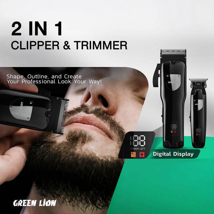 Green Lion Pro Trim Duo Hair Clipper 9-in-1 Package with Carrying Case, Digital Display, Taper Lever, Corded & Cordless - Black