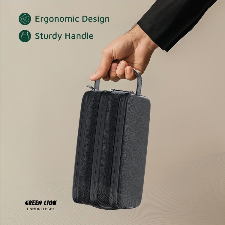 Green Lion Monarch Clutch Bag, 3 Compartments, Mesh Pockets, Sturdy Handle, Microfiber Interior, Water-Resistant PU Leather Exterior, Zinc Alloy Zipper - Black 