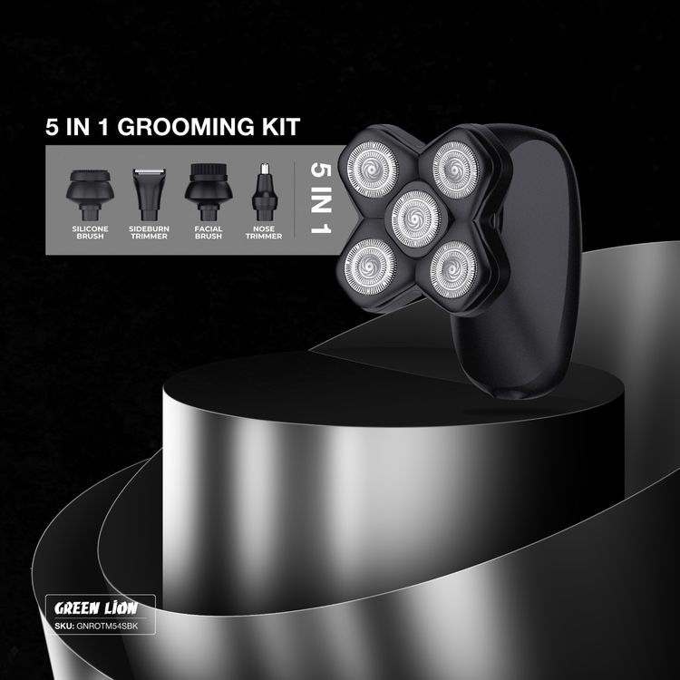 Green Lion Rotary Shaver, Wet & Dry Use, 5-in-1 Grooming Kit, Powerful DC 260 Motor, 2 Speed Levels, Sharp Pivoting Blades, 2 Hours Cordless Use, Waterproof, SkinSafe Technology, 360° Floating Heads Trimmer - Black