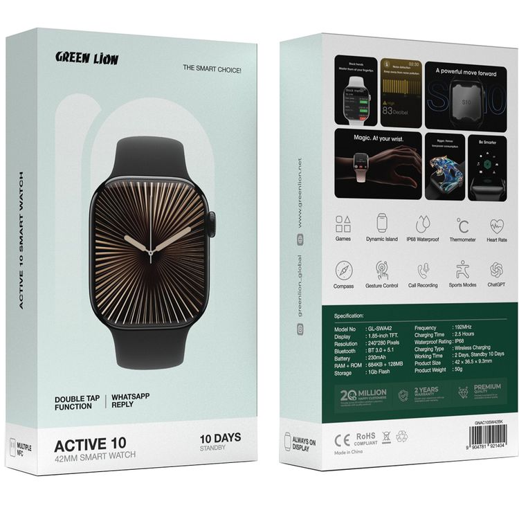 Green Lion Active 10 42mm Smartwatch with ChatGPT Support, Up to 2 Days Working Time, 230mAh Battery Capacity, Double Tap Function, 1.85" TFT Display, Gesture Control - Black
