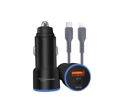Porodo Blue Graz Dual USB Car Charger with Indicator Light, 27W USB-C to Lightning 1m Cable, PD 27W, QC 18W, Auto-Off Function, Simultaneous Charging, 12-24V Input Voltage - Black 