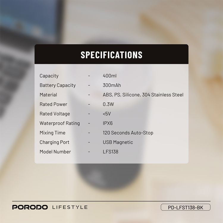 كوب بورودو لايفستايل المعزول ذو التحريك التلقائي بسعة 400 مل، قاعدة مانعة للانزلاق، سعة بطارية 300 مللي أمبير، وقت خلط 120 ثانية مع توقف تلقائي - أسود
