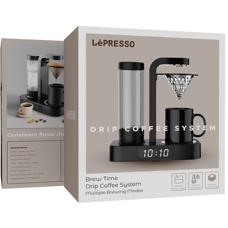 LePresso Coffee Machine with 250mL Cup Capacity, 500mL Water Tank Capacity, Stainless Steel Funnel, Overheat Protection, LED Clock, Auto-Off, 600W Power, Detachable Water Tank - Black 
