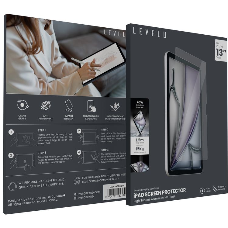 واقي شاشة عالي الجودة من الزجاج والألومنيوم عالي الجودة من Levelo لجهاز iPad Air 13" 2024، مقاوم للخدش، وحساس للمس، وطلاء مقاوم للماء والزيوت - شفاف