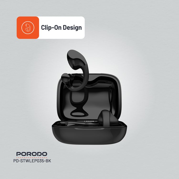 Porodo Soundtec TWS Ear Clip, 10m Transmission Range, Bluetooth V5.3, Up to 24 Hours Play Time, 300mAh Battery Capacity - Black