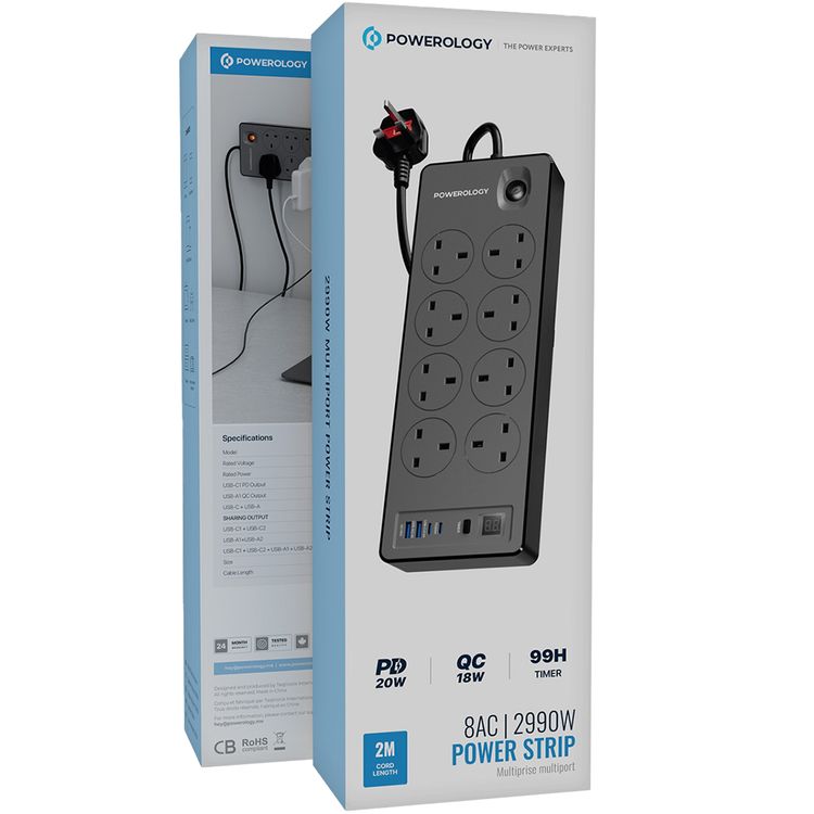 Powerology 2990W Power Strip with 8 AC Sockets, Dual USB-C & Dual USB-A Ports, UK 3-Pin Plug with 2m Length, Up to 99 Hours Timer Function, Digital Display - Black