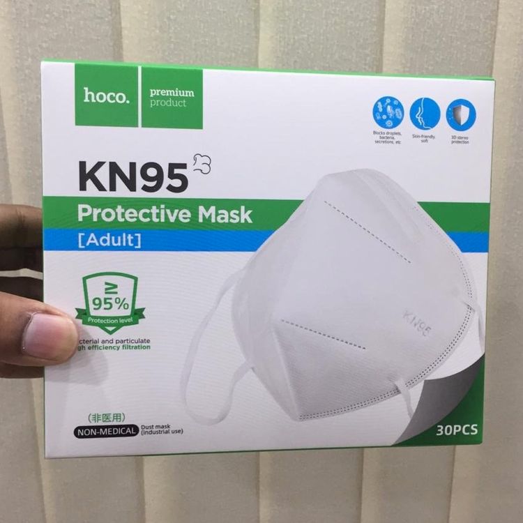 Hoco KN95 Protective Mask with 30 Pieces per Pack, Adjustable Ear Straps, 4 Protection Layers, 95% Filtration Efficiency, Non-Woven Fabric, Antibacterial & Antimicrobial - White