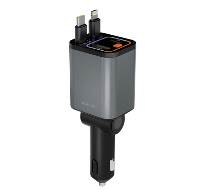 Green Lion Retractable 65W Car Charger with Simultaneous Charging, Built-in Safeguards, Multi-Color Ambient Lighting, Swivel Charging Port, Tangle-Free Retractable Cable, 80cm Built-in Cable, USB-A & USB-C Ports, ABS + PC + Aluminum Alloy Material - Gray
