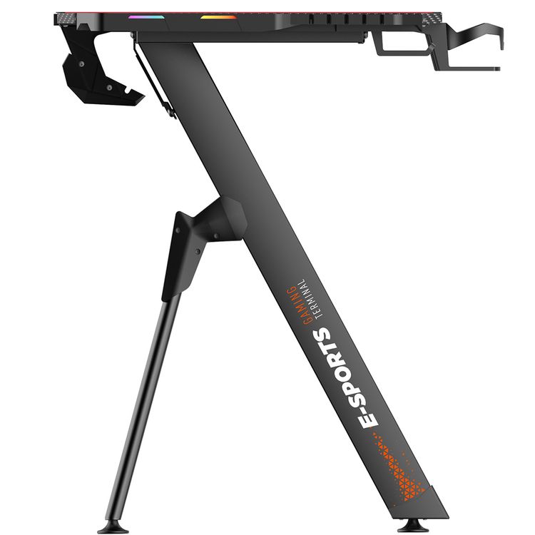 Porodo Gaming E-Sports Gaming Desk with Rubber Mousepad, Built-in Headphone Mount, Cup Holder & Cable Management Box, RGB Lighting Panel, Large Surface - Black