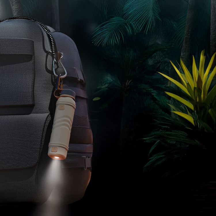 Porodo One Gear 5000mAh Power Bank with Flashlight, 110 Minutes Charging Time, 23 Hours Flashlight Working Time, Arc Lighter, Built-in Carabiner Hook, Adjustable Brightness - Khaki