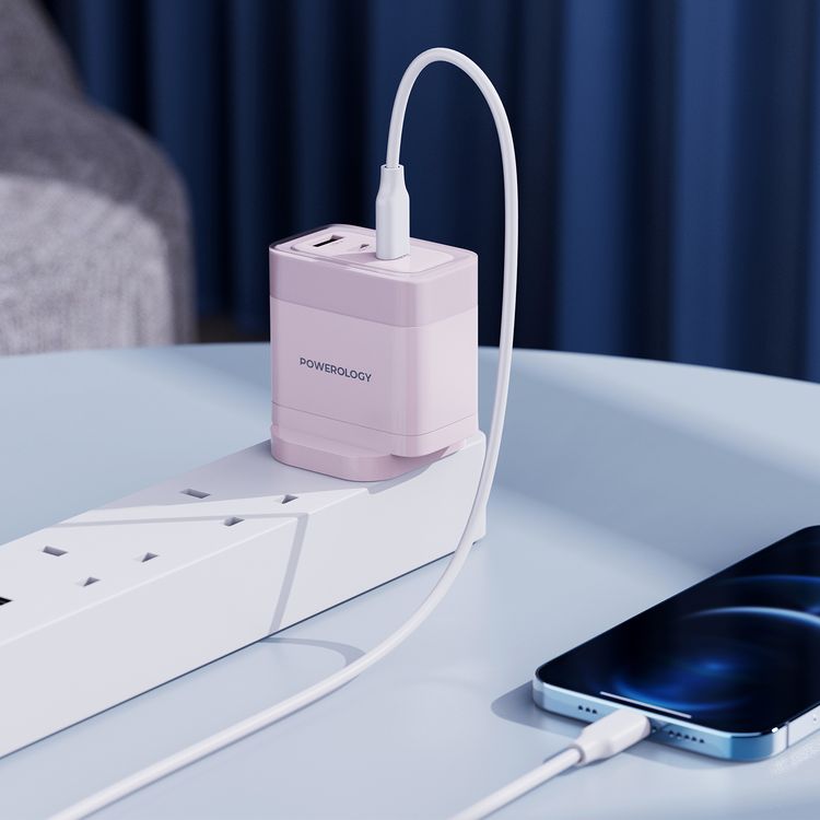 Powerology Lunex Series 3-Port Fast Charging Adapter with UK 3-Pin Power Plug, 65W PD USB-C Output, 22.5W QC USB-A Output, Multi-Device Charging, Powerful Laptop Charging, Universal Protocol Support - Pink