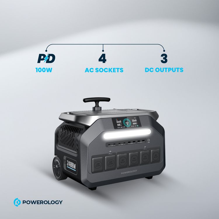Powerology Solar Input Portable Generator 2400W, PD 100W, 600000mAh, 1.5h Charging Time, 3 DC Outputs, 4 AC Sockets, UK 3 Pin Plug - Black