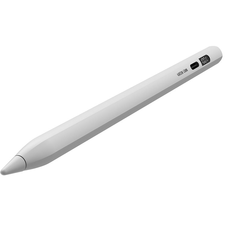 Green Lion Digital Stylus Pencil with Up to 15 Hours Working Time, Removeable & Replaceable Tip, 1.7mm Nib Diameter, OLED Screen Display, Auto-Sleep Mode, Palm Rejection - White
