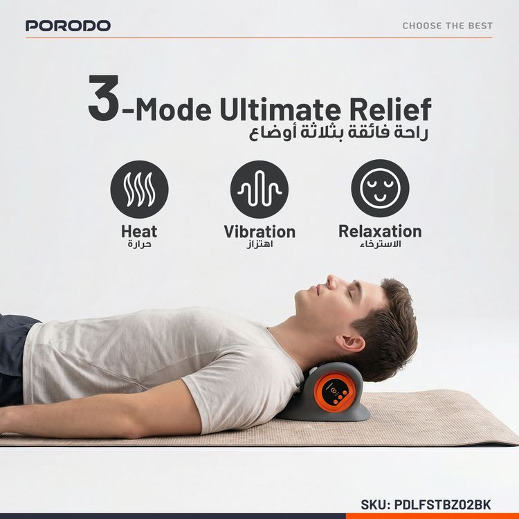 Porodo Tri-Mode Heated Cervical Pillow Massager with 3 Wave Gears, 3 Vibration Levels, Remote Controller, Magnetic Comfort Points, Warm Wave Board - Black
