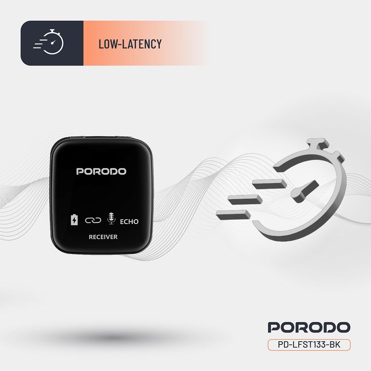 Porodo ميكروفون لاقط متصل بجهازين محمول مع تخفيض تلقائي للضوضاء، يعمل لمدة تصل إلى 12 ساعة، اقتران تلقائي، صوت عالي الجودة، مسافة تطبيق تصل إلى 30 متر - أسود