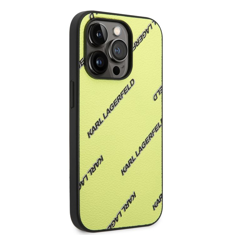 Karl Lagerfeld Grained PU Leather Case with Logomania Pattern iPhone 14 Pro Compatibility - Green