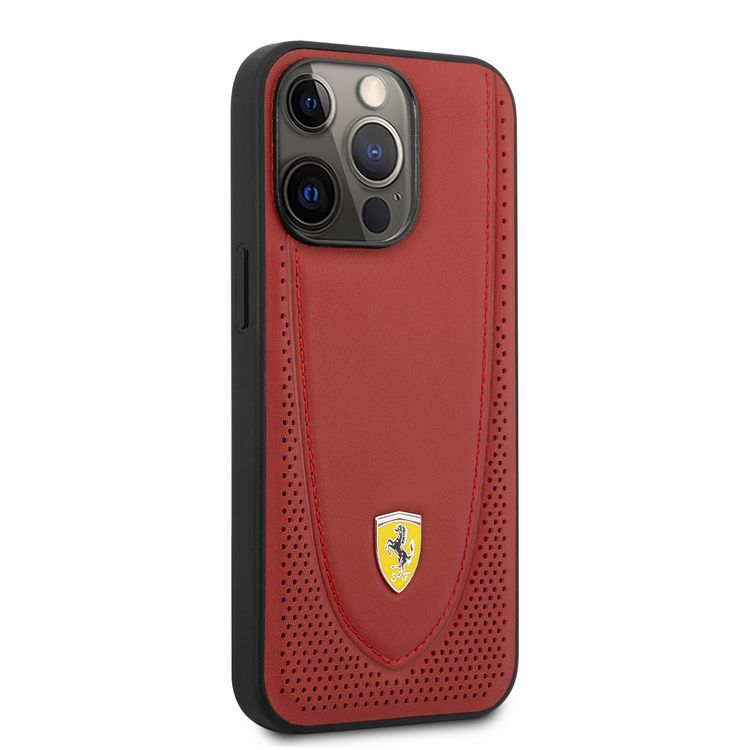 CG MOBILE Ferrari Genuine Leather Hard Case with Curved Line Stitched & Perforated Leather Compatible for iPhone 13 Pro (6.1") Shock & Scratches Resistant