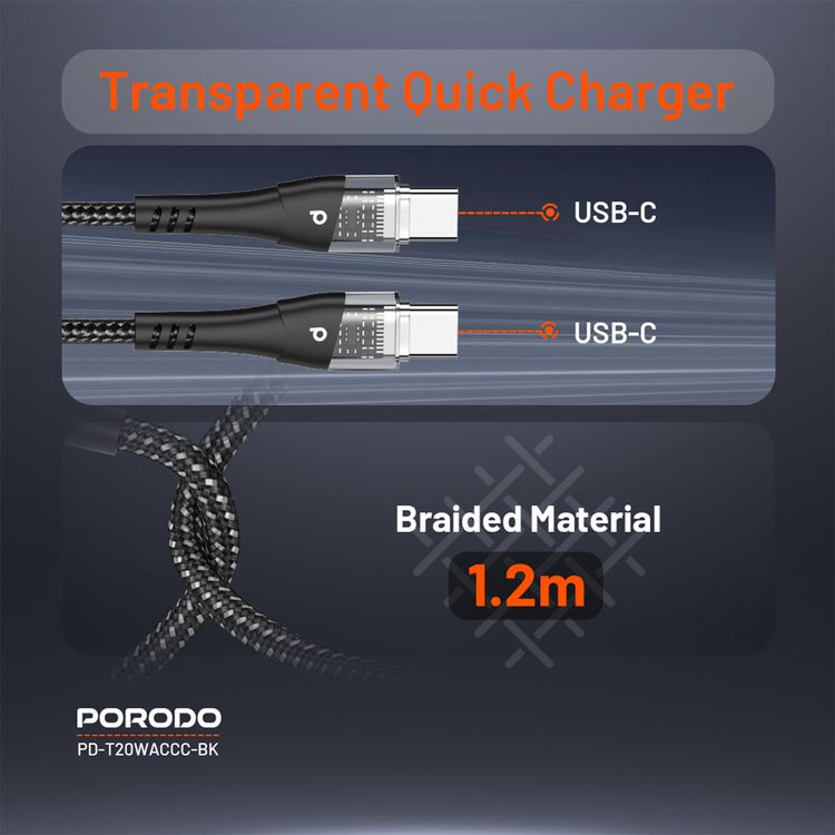 Porodo Dual Output Transparent Quick Charger with USB-C to USB-C Cable, 20W Power Delivery, Simultaneous Charging, 18W USB-A Output, 0%-60% Charge in 35 Minutes, Overheat Protection - Black