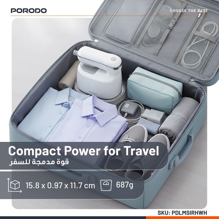 Porodo Lifestyle Mini Steam Iron 1000W UK with Rotatable Handle, Compact & Portable, Strong Steam, 120mL Water Tank Capacity, Ceramic Soleplate, 1.7m Cable Length - White