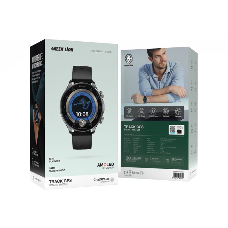 Green Lion Track GPS Smart Watch with AMOLED 1.6" Display, Zinc Alloy Case Material, Silicone Strap Material, 450mAh Battery Capacity, Bluetooth Version 5.3, Magnetic Charging Type, Up to 3 Hours Charging Time, 3-5 Days Working Time, Auto Tracking, Health Metrics - Black