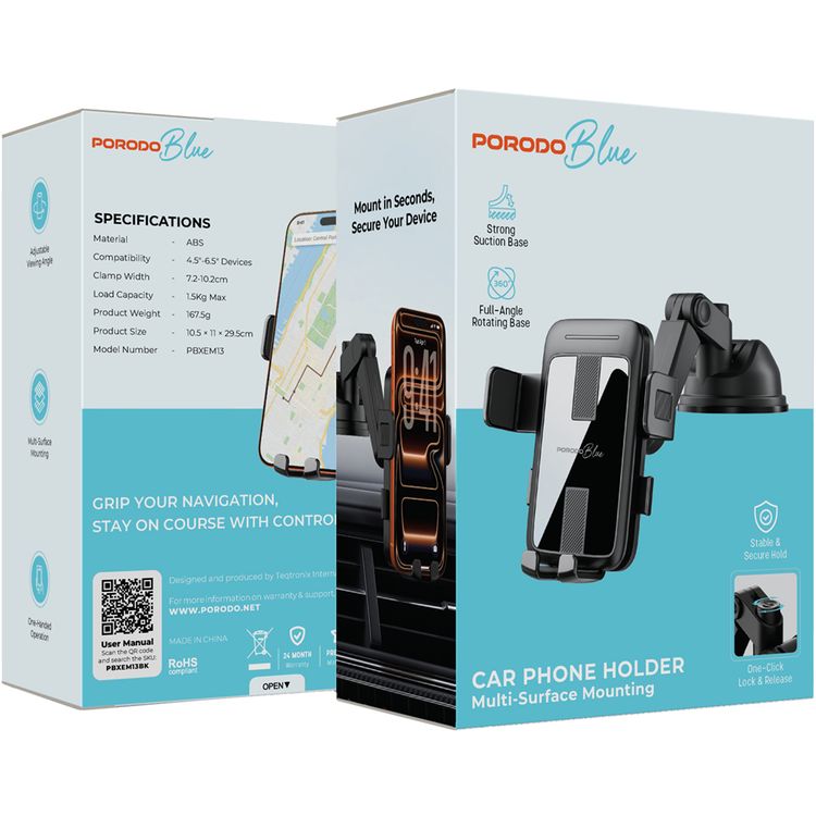 Porodo Blue Multi-Surface Mounting Car Phone Holder with Strong Suction Base, Adjustable Viewing Angle, One-Handed Operation, Full-Angle Rotating Base, One-Click Lock and Release, ABS Material, 1.5kg Load Capacity, Compatible with 4.5" - 6.5" Devices, Stable and Secure Hold - Black  