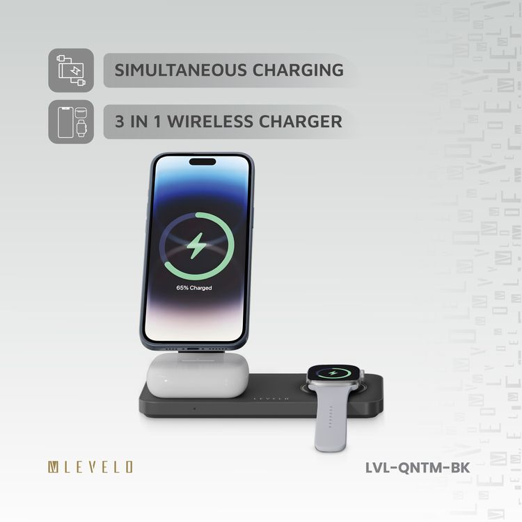 Levelo Quantum 3-in-1 Wireless Charger with 15W Phone Output, 5W AirPods Output, 3W iWatch Output, Strong N52 Magnet, LED Indicator, Compatible with MagSafe, Over Temperature Protection, Simultaneous Charging, Over Voltage Protection, Fast Charging, Foldable Design - Black
