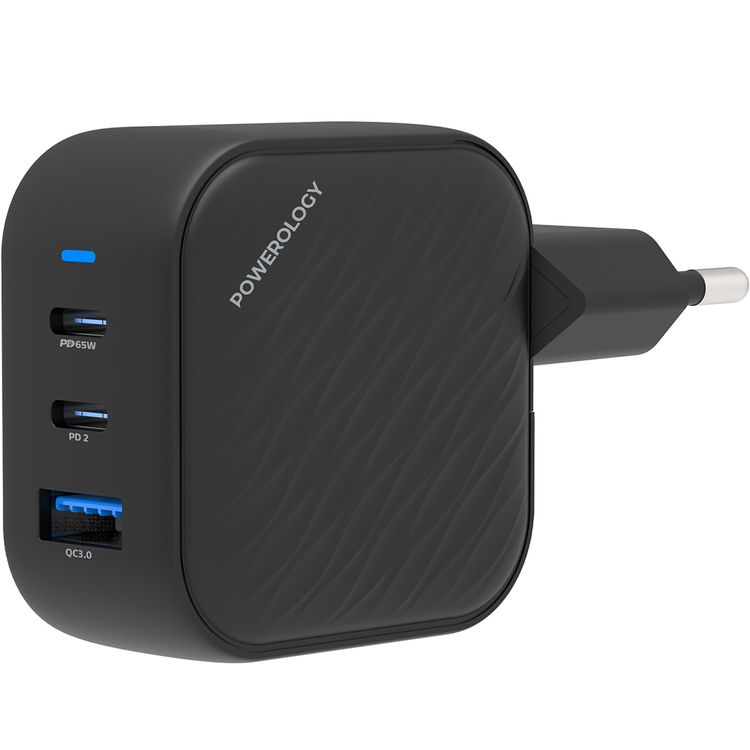 Powerology GaN Ultimate EU Dual PD Charger with 65W Power Delivery, 0%-60% Charge in 35 Minutes, 36W USB-A Output, Simultaneous Charging, Built-in Safeguards - Black