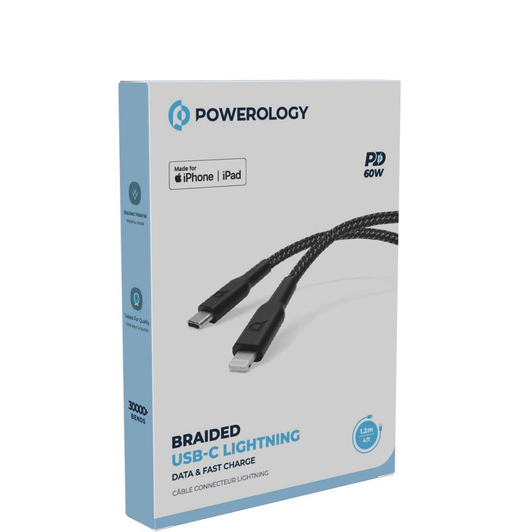Powerology Braided USB-C to Lightning Charging Cable with Fast Charging & Data Transfer, 60W Power Delivery, Universal Compatibility, 1.2m Cable Length - Black