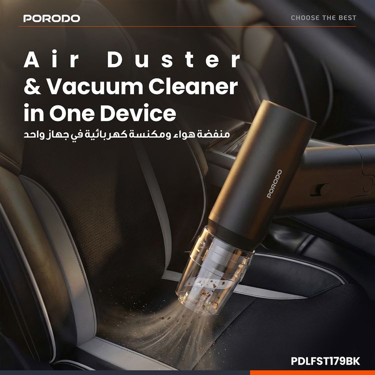 Porodo Lifestyle Dual-Mode Air Duster & Vacuum with 5 Detachable Nozzles, 4 Speed Levels, 160W Max Rated Power, Brushless Motor, 3 Hours Working Time, 130000RPM Motor Speed, 2x 2500mAh Battery Capacity, 10-50m/s Wind Speed, Type-C Charging, Efficient Dust Removal - Black