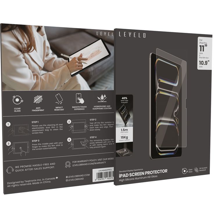 واقي شاشة عالي الجودة من الزجاج والألومنيوم عالي الجودة من Levelo لجهاز iPad Pro 11" 2024، مقاوم للخدش، وحساس للمس، وطلاء مقاوم للماء والزيوت - شفاف 