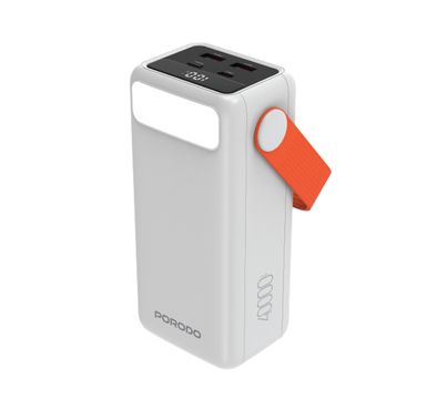 Porodo PortaPower 40000mAh Power Bank with Built-in LED Lighting, PD 20W, 22.5W Max USB-A Output, Flashlight, Portable Handle, Multiple Output Ports, Smart Protection Features, Fast Charging - White