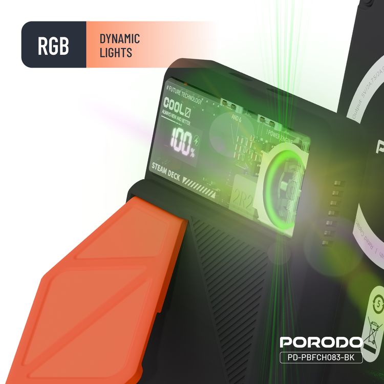 Porodo 10000mAh MagSafe Power Bank with Smart Thermal Cooling, 20W PD USB-C Output, 15W Wireless Charging Output, 10W Lightning Input, Built-in Stand, RGB Dynamic Lights - Black