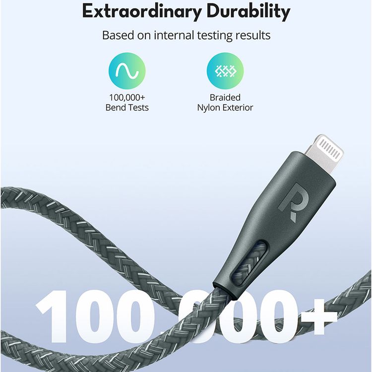 RAVPower Nylon Braided Cable 2M Compatible for Type-C to Lightning Cable, iPhone Connector Fast Charging and Data Transmitter Cord, Universal Compatibility MFi Certified - Green