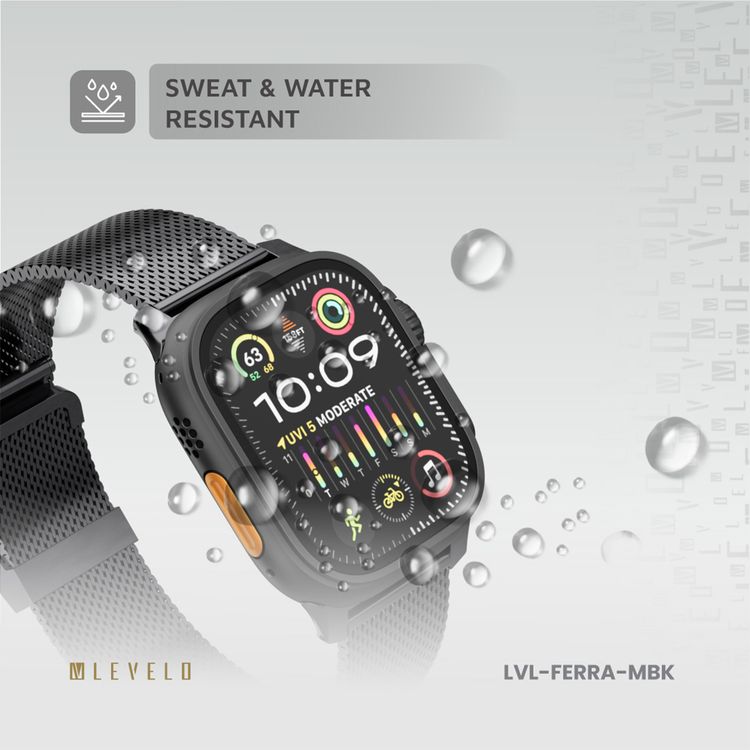 Levelo Ferra Milanese Watch Strap with Adjustable Length, Compatible with 49/46mm Smartwatches & Apple Watch SE, Series 9, 8, 7, 6, 5, Hypoallergenic Material, 24/7 Wearability, Water-Resistant, Anti-Oxidation Technology - Matte Black