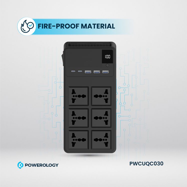 Powerology 2500W Power Strip with 6 AC Sockets & Built-in Retractable Cables, 5 USB Ports, USB-C & Lightning Outputs, Built-in Safeguards, Fire-Proof Material, 24H Timer, Simultaneous Charging, 70cm Cables Length & 3m Power Cord Length - Black