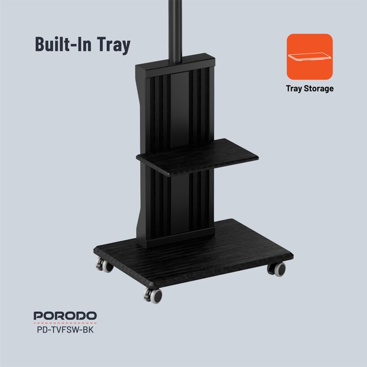Porodo Mobile TV Stand with 35kg Maximum Weight Capacity, 32"-75" Screen Size Compatibility, Dynamic Swivel & Tilt, Up to 1.36m Height Adjustability - Black