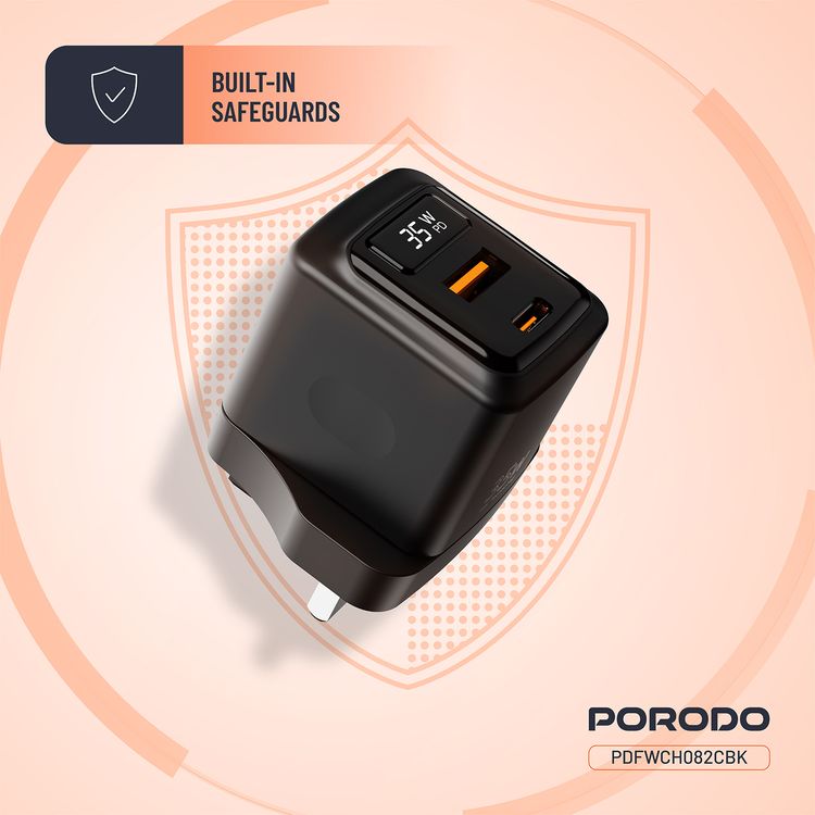 Porodo GaN Wall Charger with USB-C to USB-C Cable, USB-A & USB-C Ports, 35W Power Delivery, Built-in Safeguards, Fast Charge Support, Multiple Device Charging, Digital Display - Black