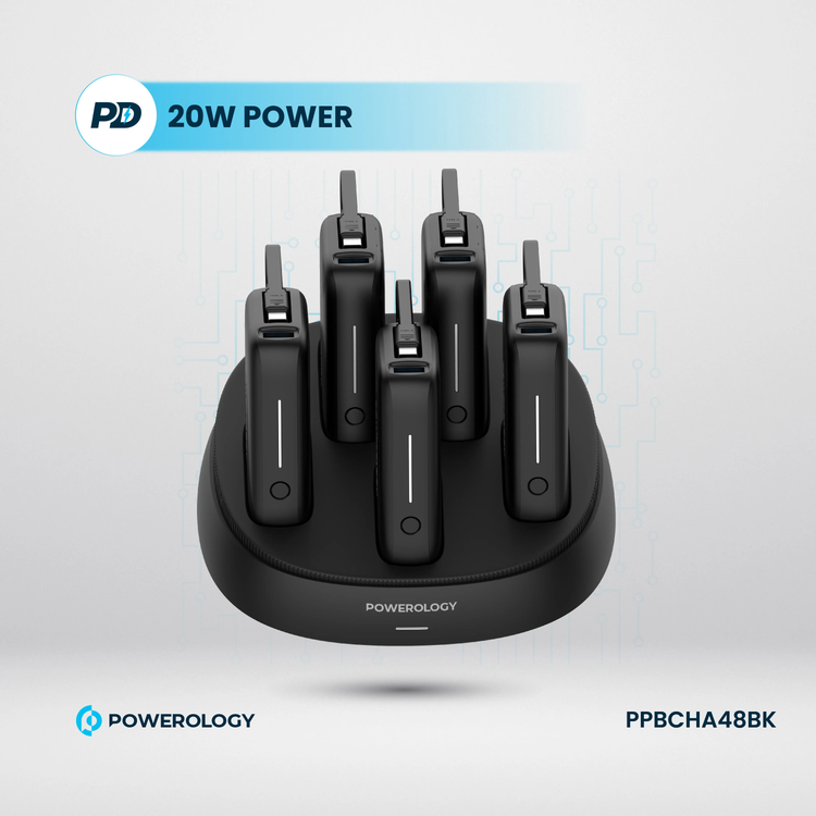 Powerology 5 x 10000mAh Power Bank Station with 50W PD, USB-A, USB-C, Type-C Built-in Cable, 12V/1A Max Contact Input, Rapid Recharging Station, High-Density Batteries, Type-C Built-in Cable, 5V/3A Total Output, Built-in Safeguards - Black