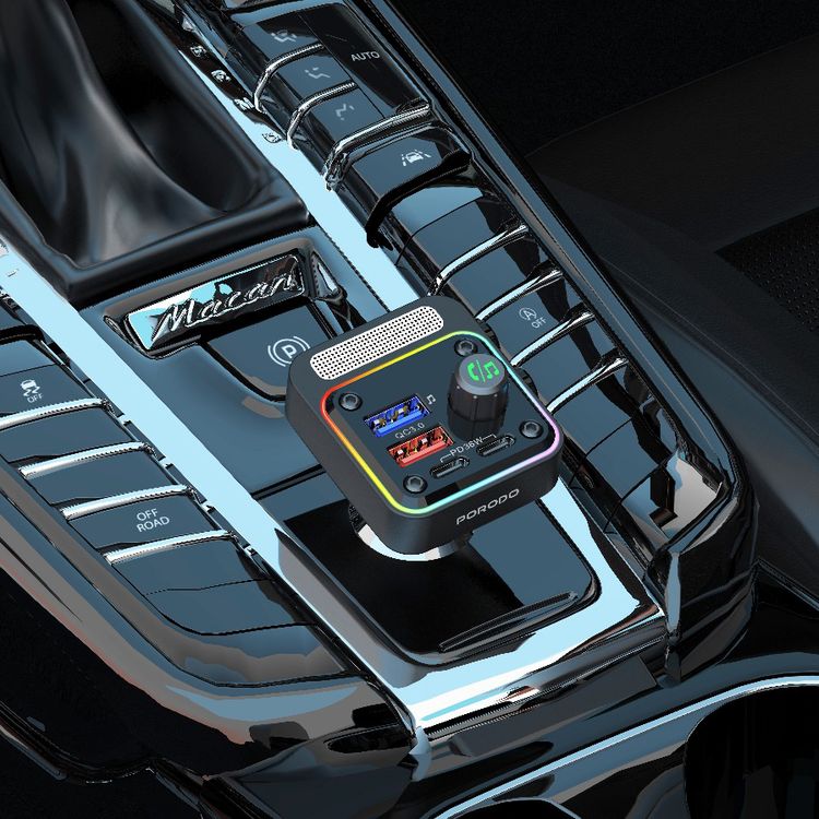 Porodo 3-in-1 FM Car Charger with 36W Power Delivery, 10m Bluetooth Range, Built-in Microphone, Multi-Port Charging, Up to 32 GB USB Flash Drive - Black
