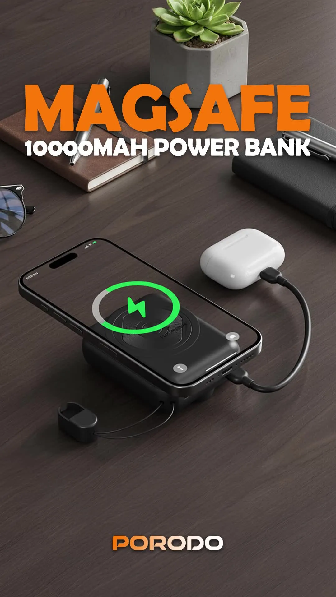 Porodo 10000mAh MagSafe Power Bank with Detachable USB-C to Lightning Cable, 22.5W Power Delivery, Digital Battery Indicator, 15W Maximum Wireless Output - Black