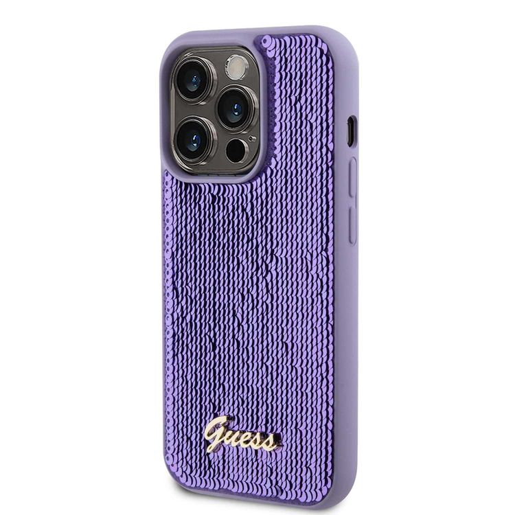 Guess Sequin Script Case with Guess Metal Logo - Purple - iPhone 15 Pro